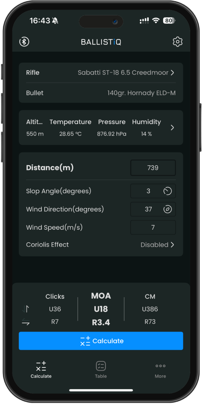 BALLISTiQ Mobile App Interface displaying ballistic calculator with real-time wind data, bullet trajectory calculations, and voice control features for precision shooting